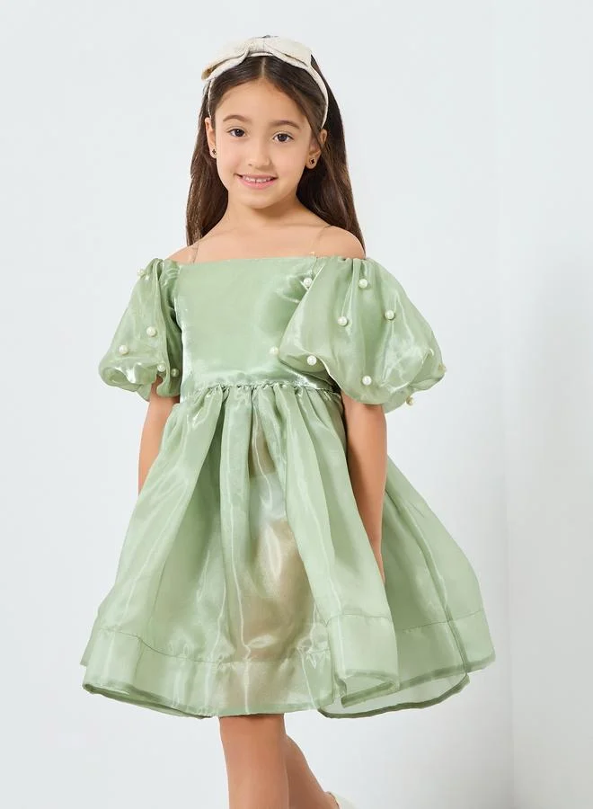Take Two  Girls Green Pearl Puff Faux Pearl Embellished Dress for Women | Best Price UAE